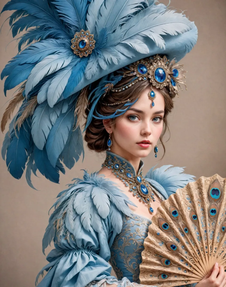 Woman in 18th century ballroom with fan and formal blue dress