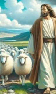 a painting of jesus leading a flock of sheep