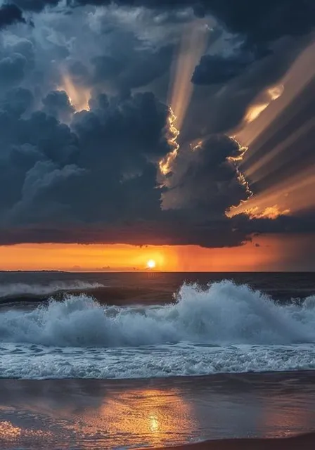 the sun is setting over the ocean with clouds in the sky