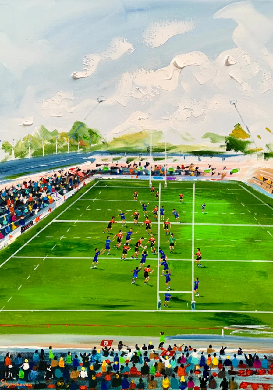 A minimalist painting of a rugby match, with a focus on bold lines and shapes, using a limited color palette