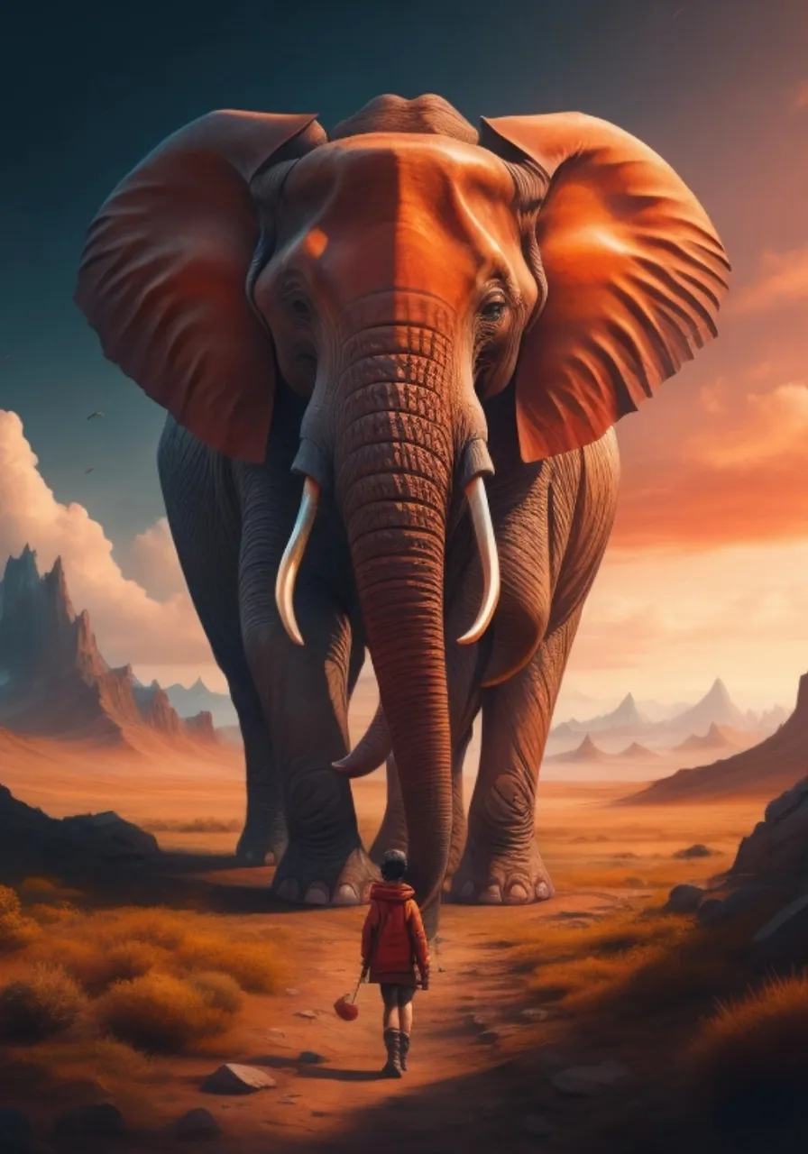 an elephant walking down a dirt road next to a person