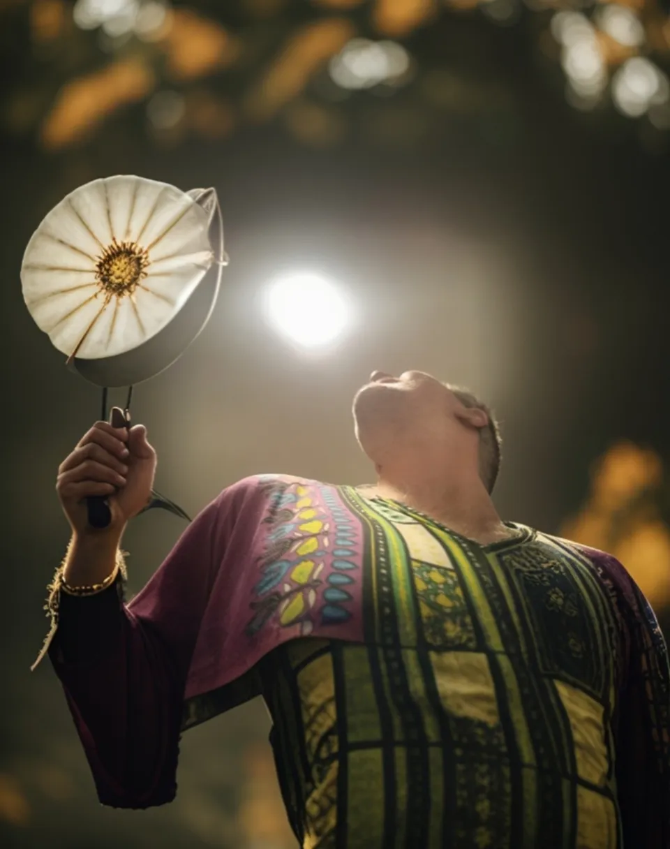 a man holding a white umbrella over his head