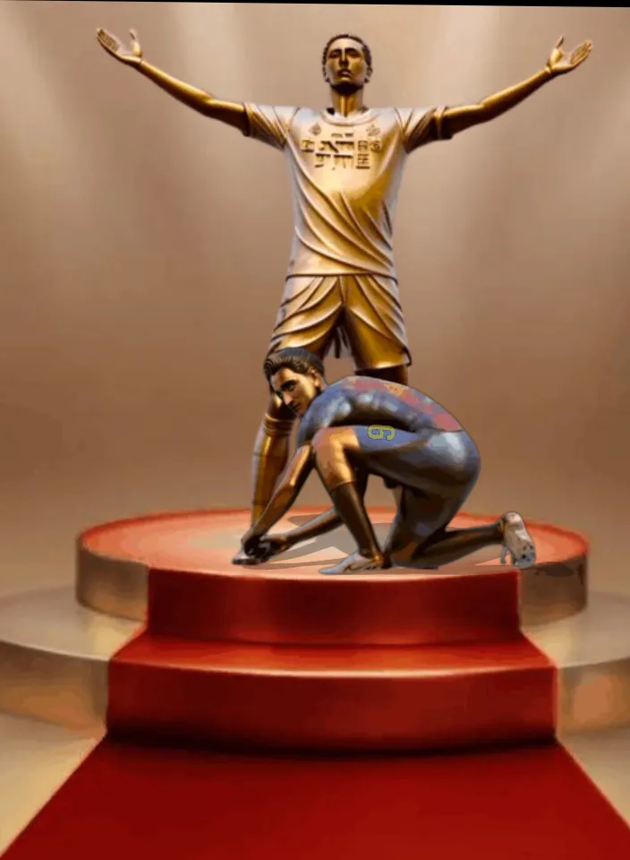 Statue of a footballer del fútbol club Barcelona tying the boots of another footballer del Real Madrid with his arms open on top of a podium Two feet two hands without distortion 