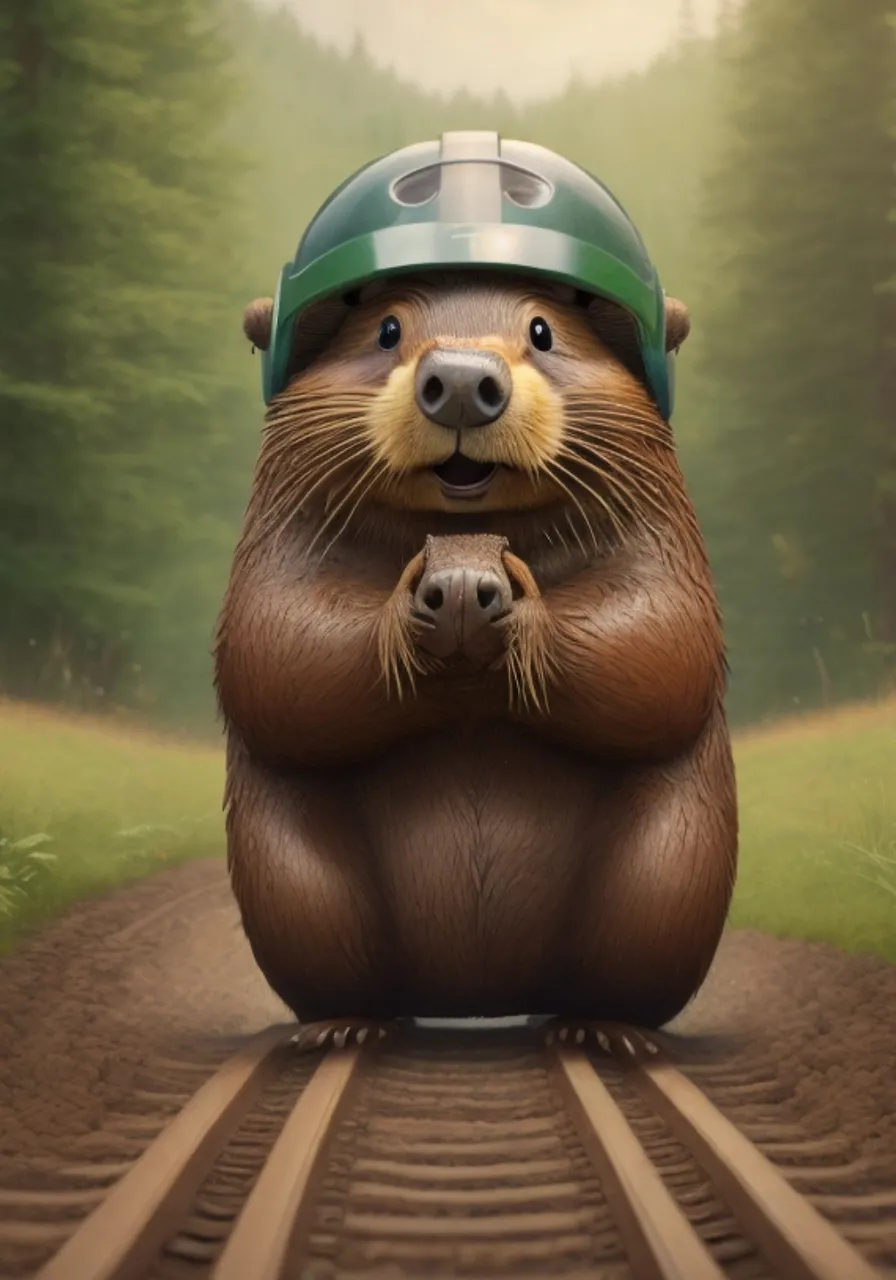 a beaver with a helmet sitting on a train track