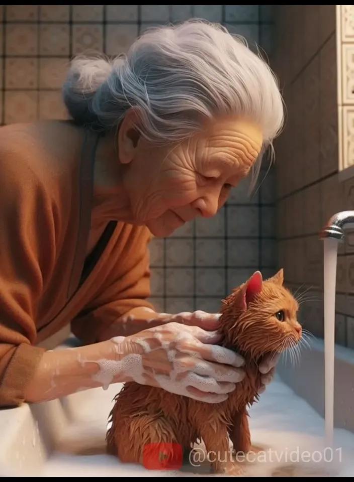 an elderly woman washing a cat in a bathtub