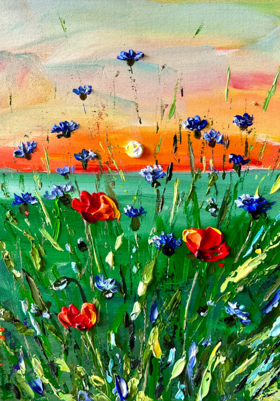 a painting of a field of flowers with a sunset in the background