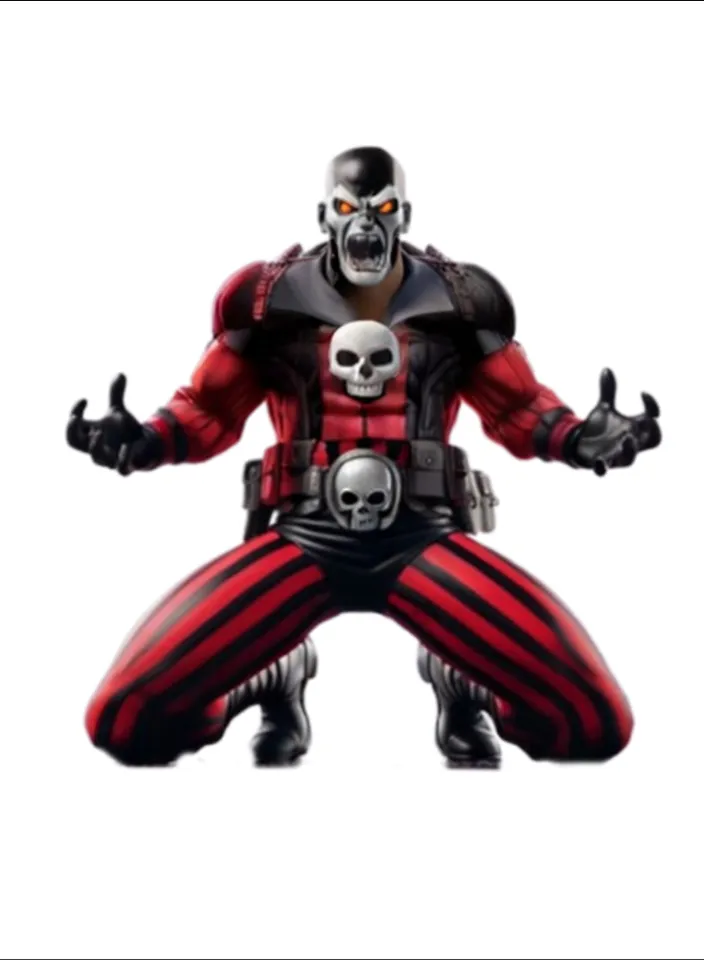 a man in a red and black outfit with a skull on his chest ,Maintain the appearance completely of the image without differences, two legs and two well-defined arms, same style as the image, correct fingers without more fingers, all the same fluid movements  Same screaming face  Angry face more like a demon than a Caravel  Maintain maximum facial features clean image single character hand movement 