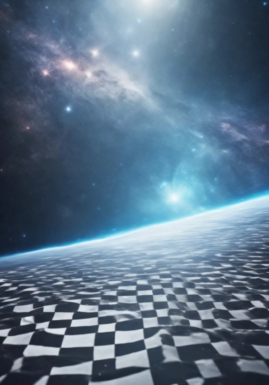 a space scene with a checkered floor and stars