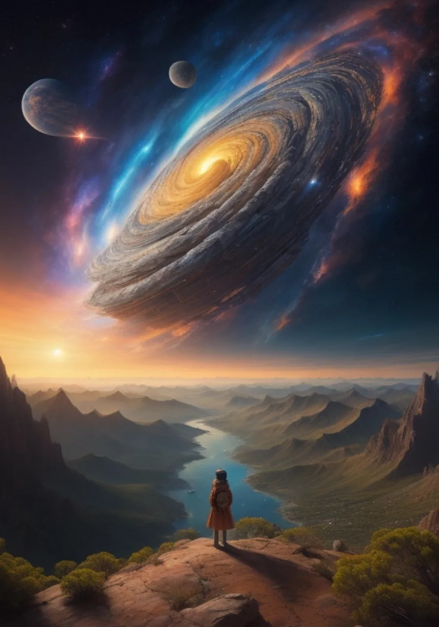 a person standing on top of a mountain looking at a galaxy