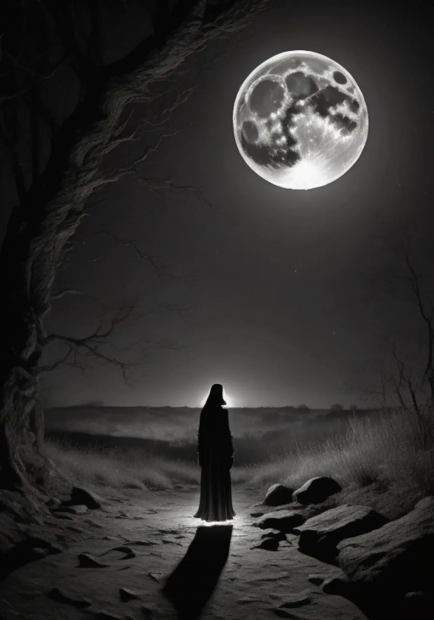 a black and white photo of a person standing in front of a full moon