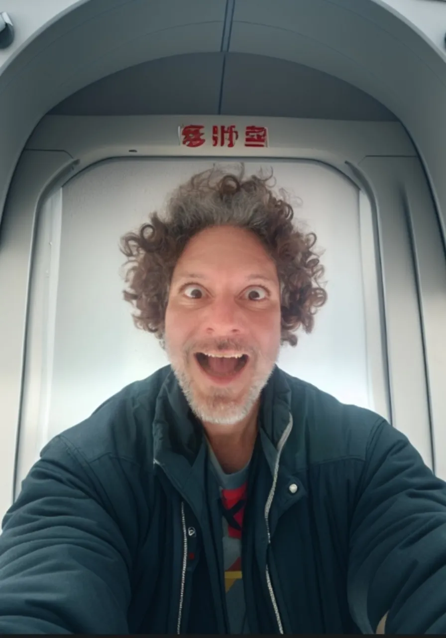 a man making a funny face while on an airplane