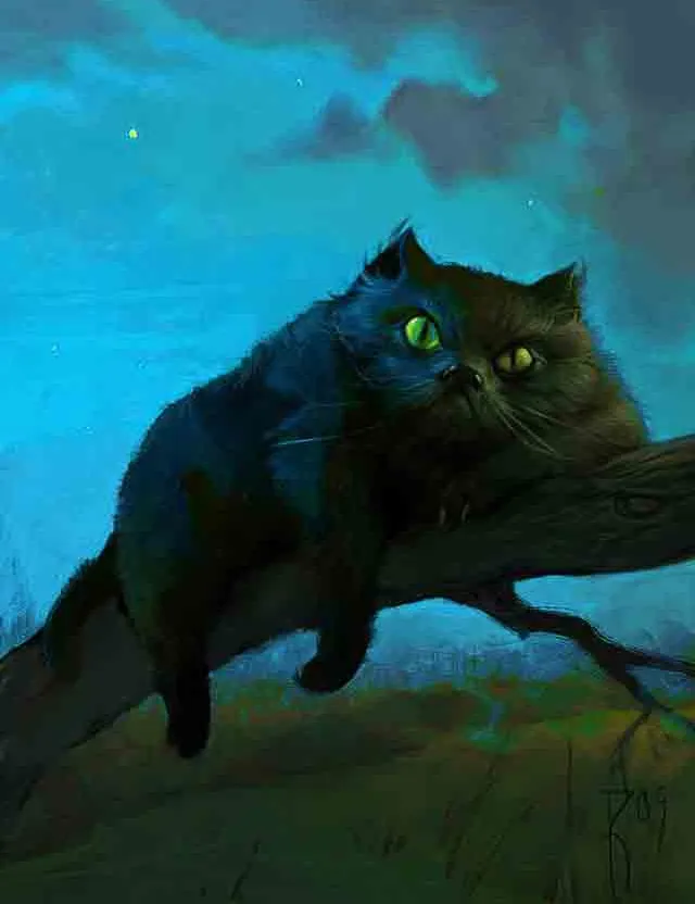 a painting of a cat sitting on a tree branch