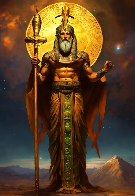 a painting of an egyptian god holding a staff