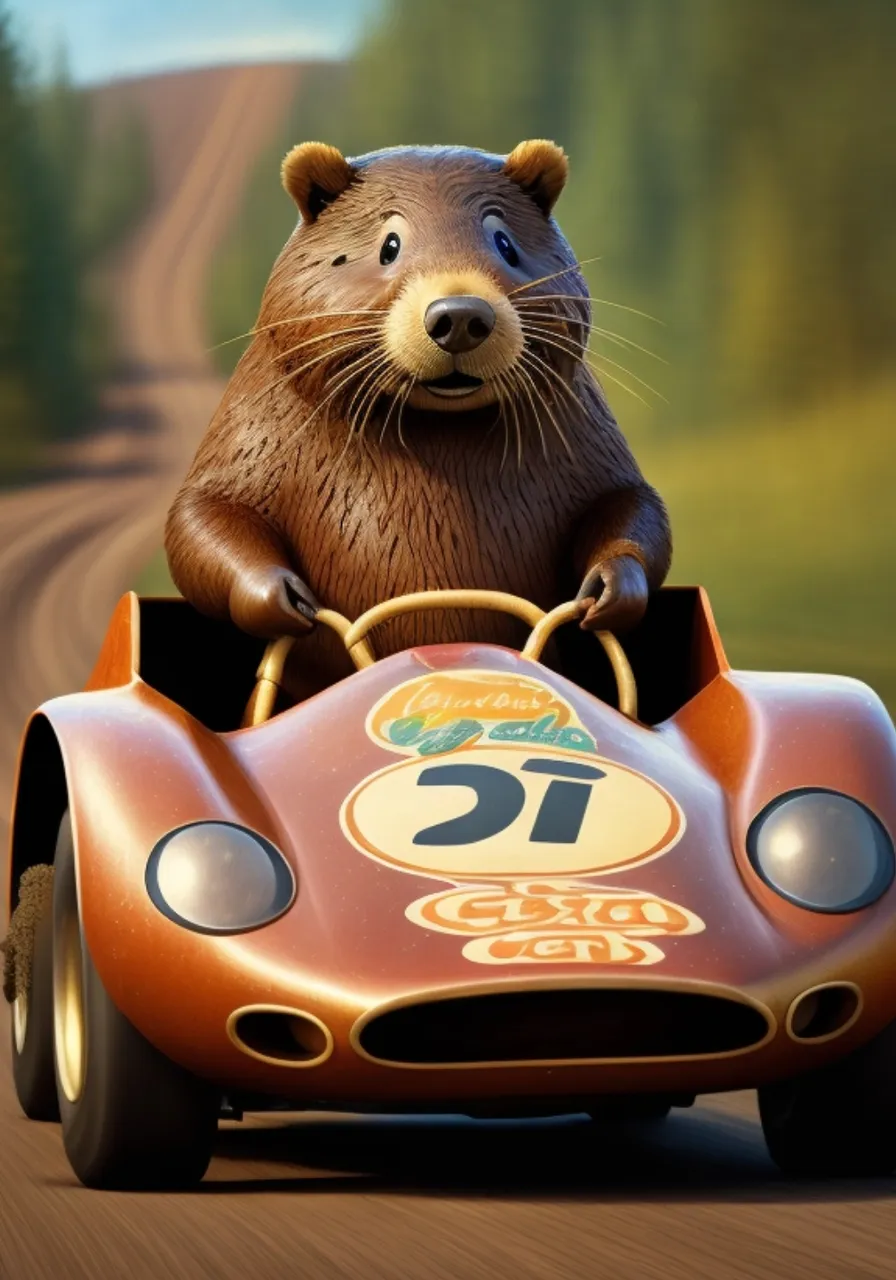 a rodent driving a race car on a dirt road