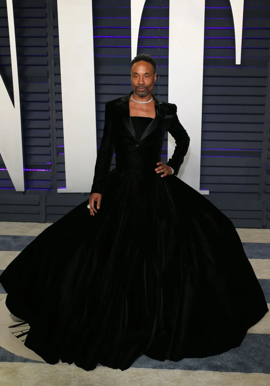 Man in ball gown purple, sleeve, waist, dress, black hair, fashion design, gown, one-piece garment, fashion model, formal wear