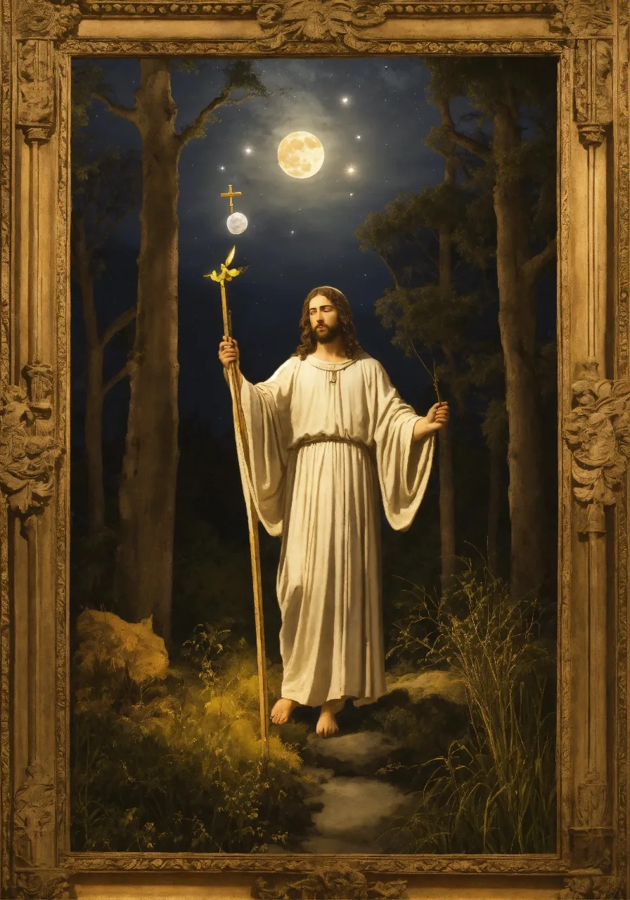 a painting of jesus holding a staff in a forest