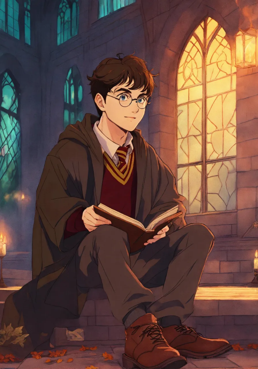 a young harry potter sitting on a step reading a book