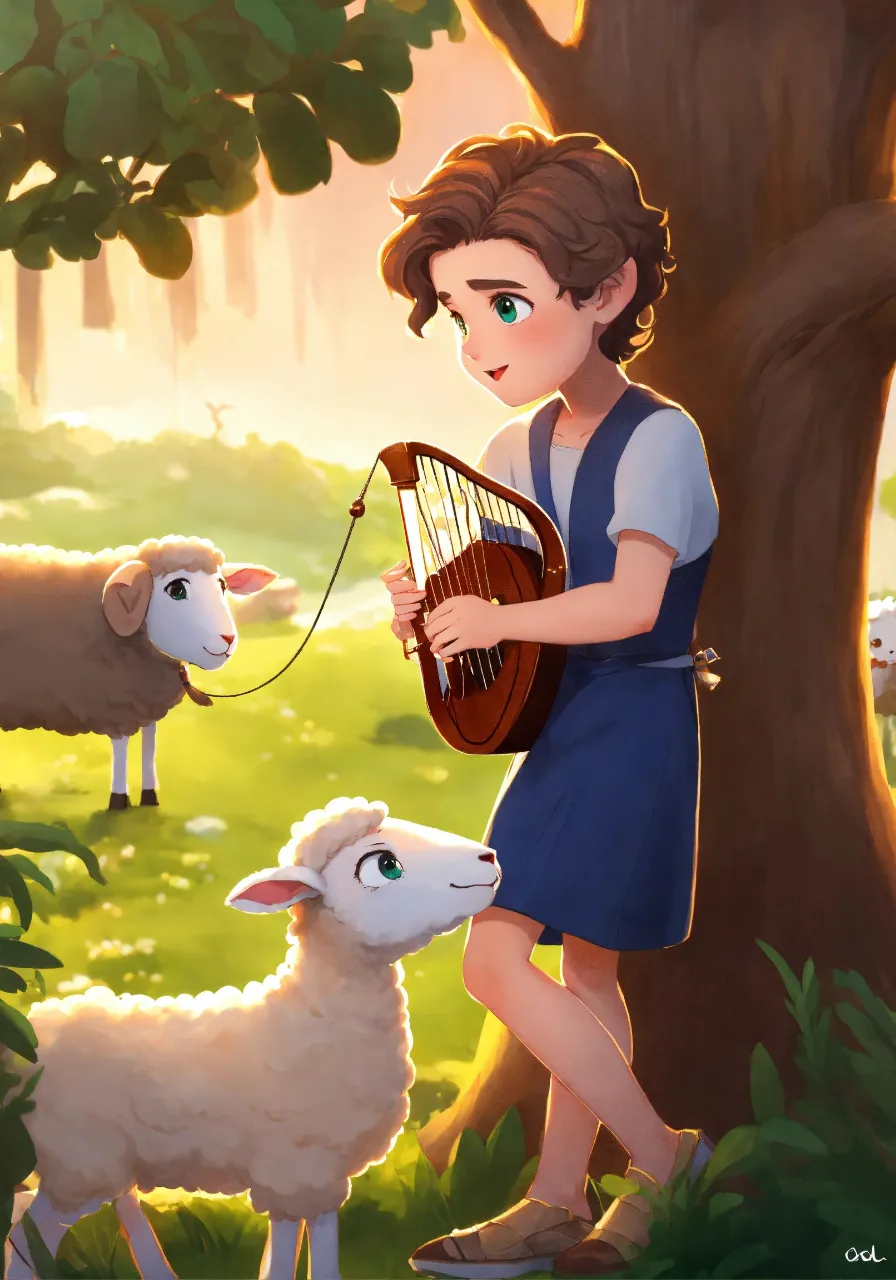 a painting of a girl holding a harp next to a sheep