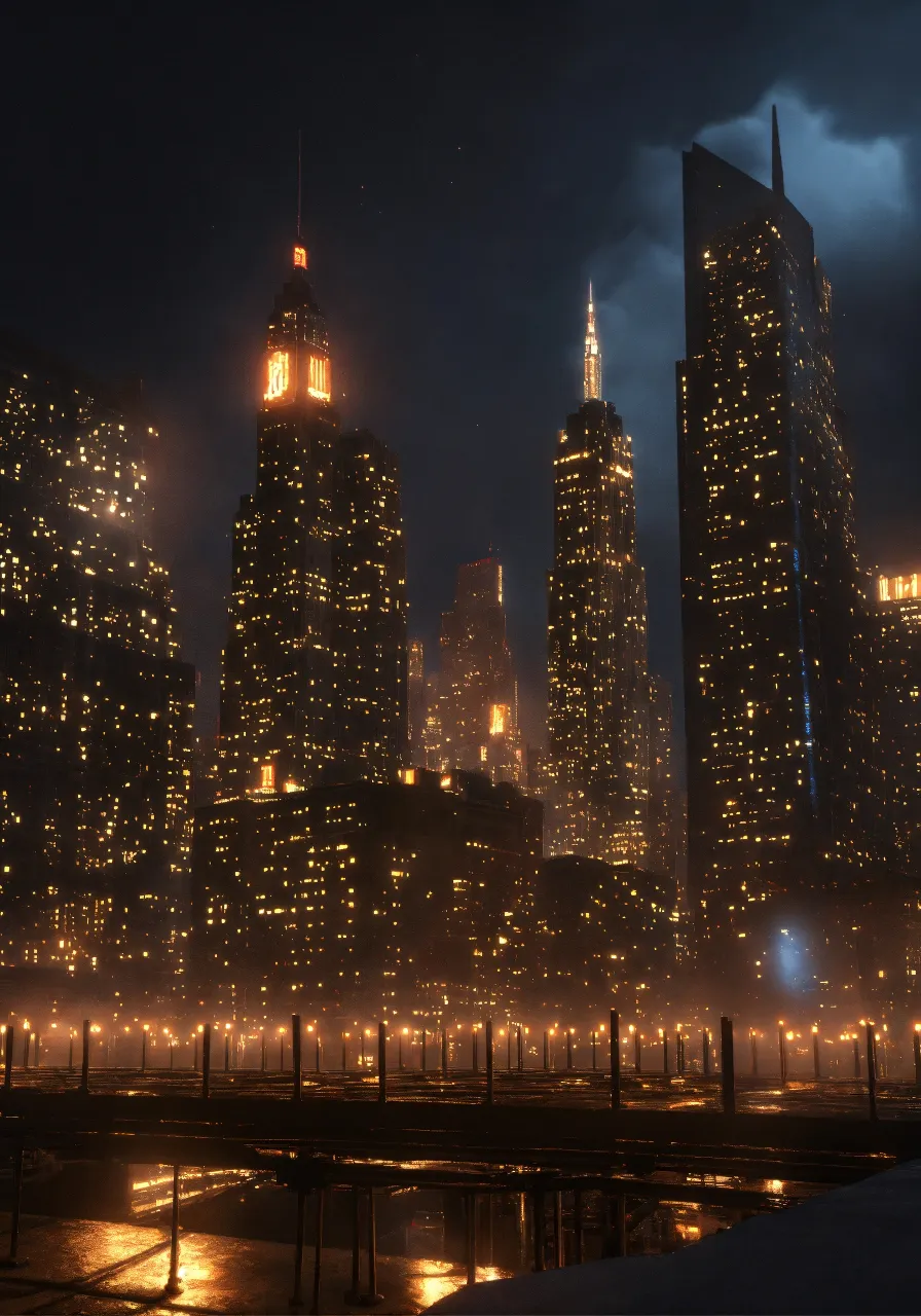 a night scene of a city with skyscrapers lit up