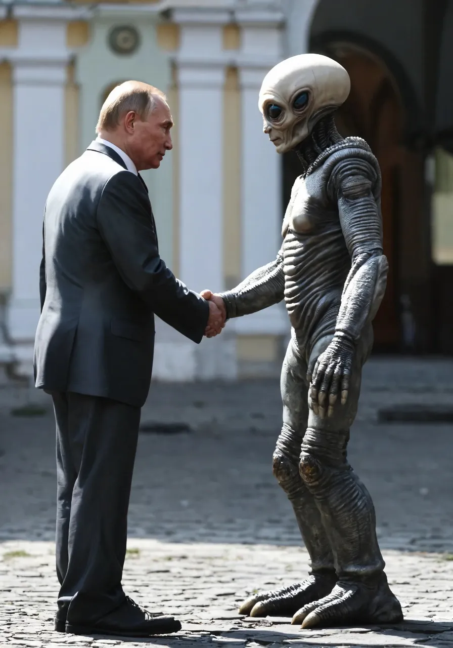 a man in a suit shaking hands with an alien