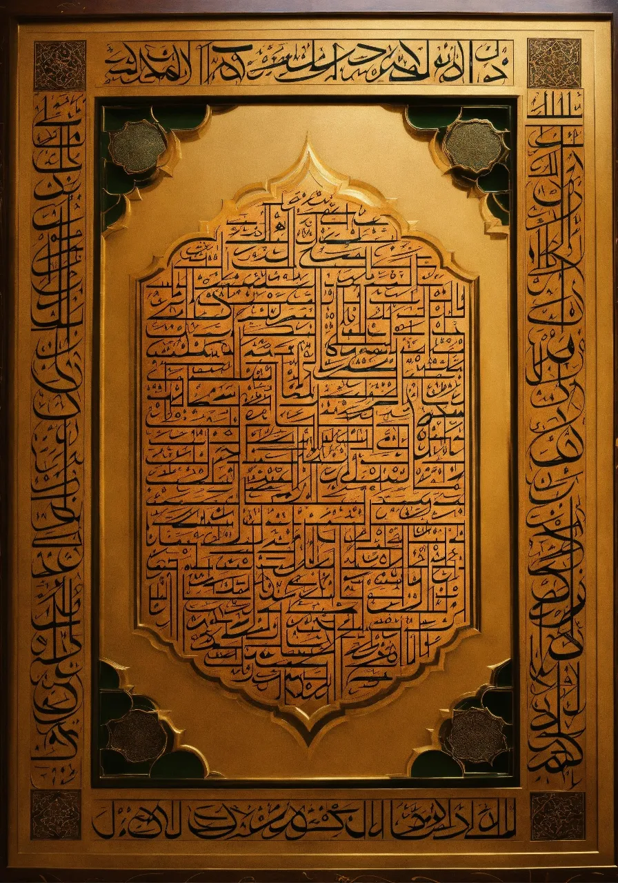 a gold and black islamic calligraphy on a wall