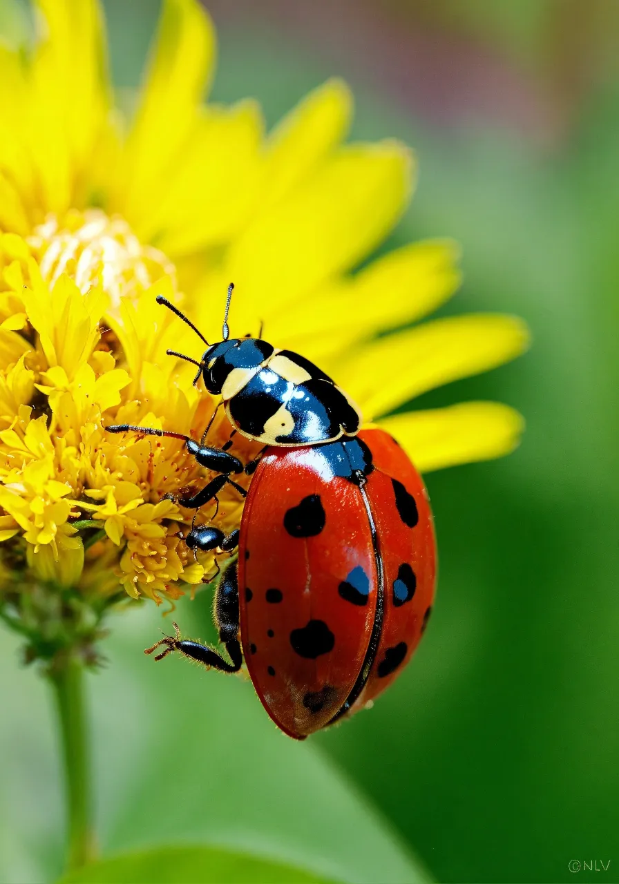 a couple of ladybugs sitting on top of a yellow flower