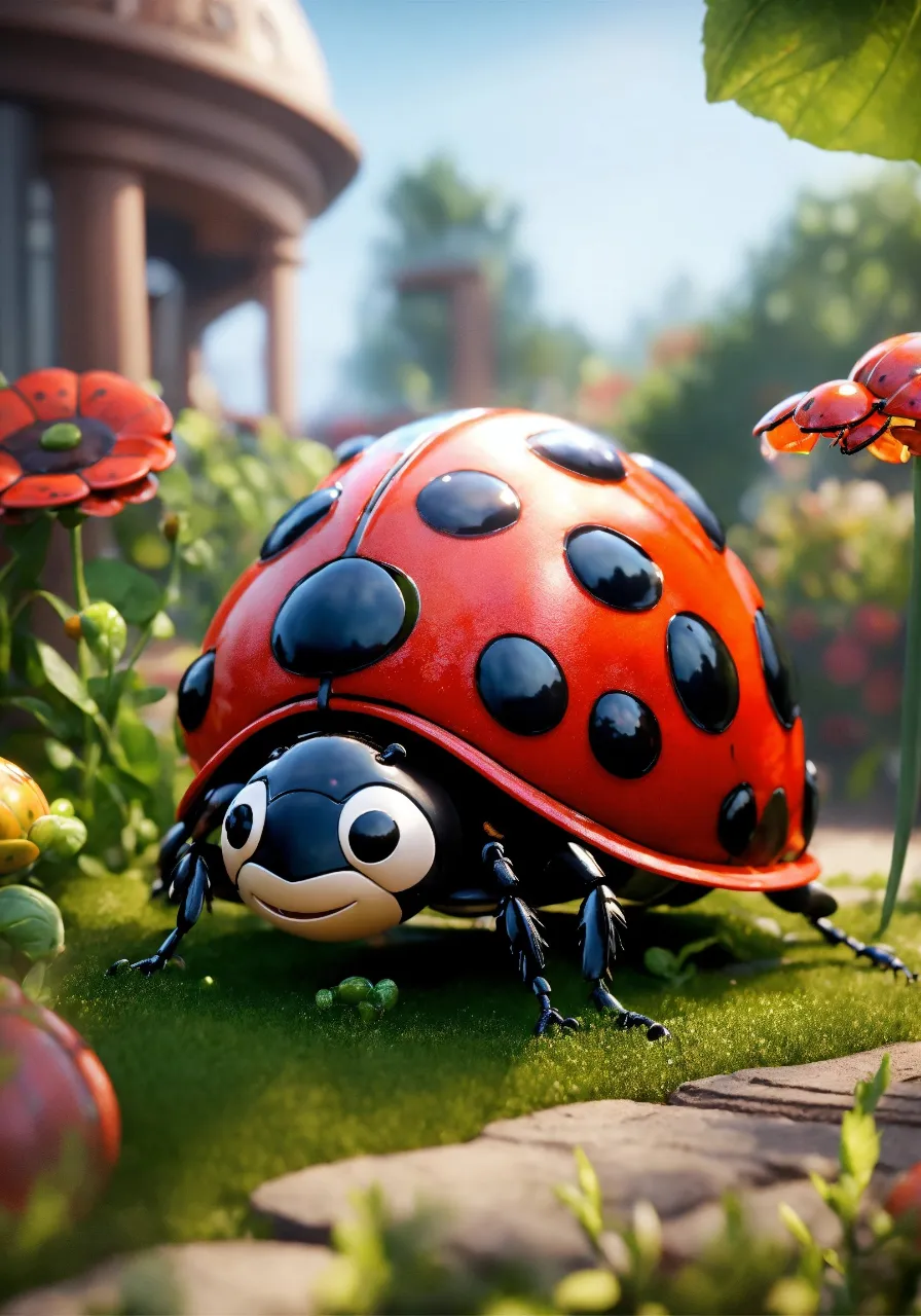 a lady bug sitting on top of a lush green field