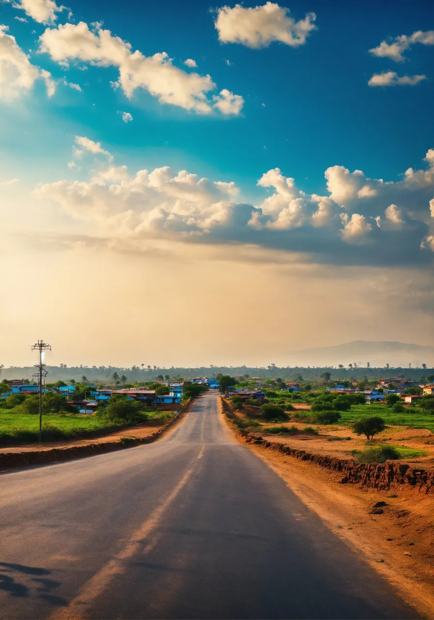 a long empty road with a blue sky in the background