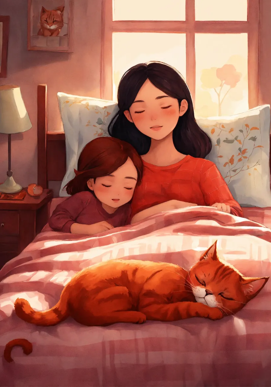 a woman and a child laying in bed with a cat