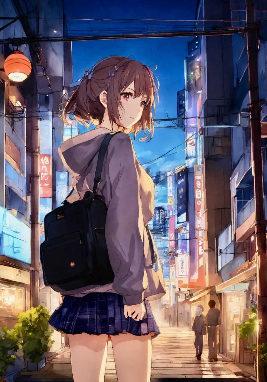 a girl with a backpack standing on a city street