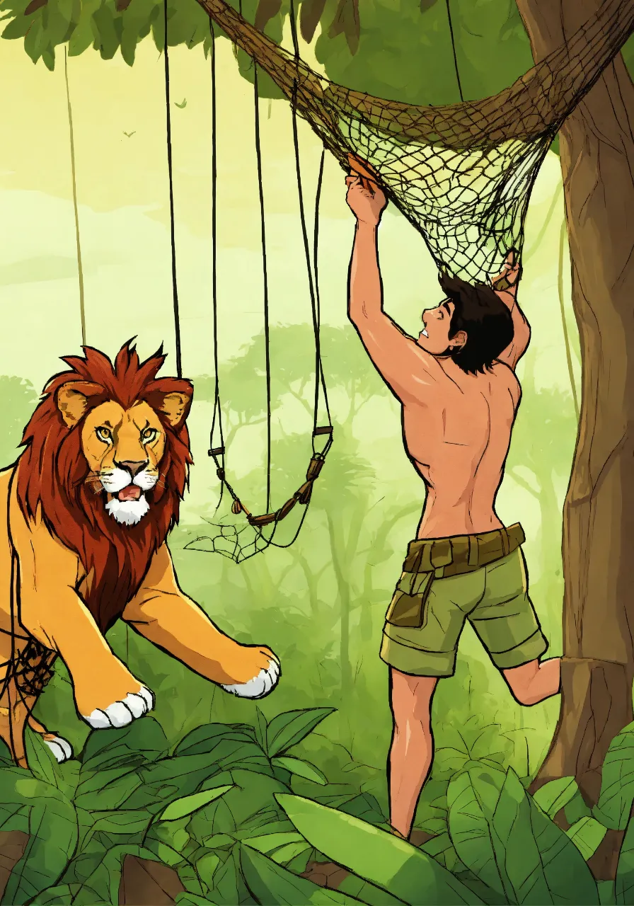 a man is trying to pull a lion out of a net