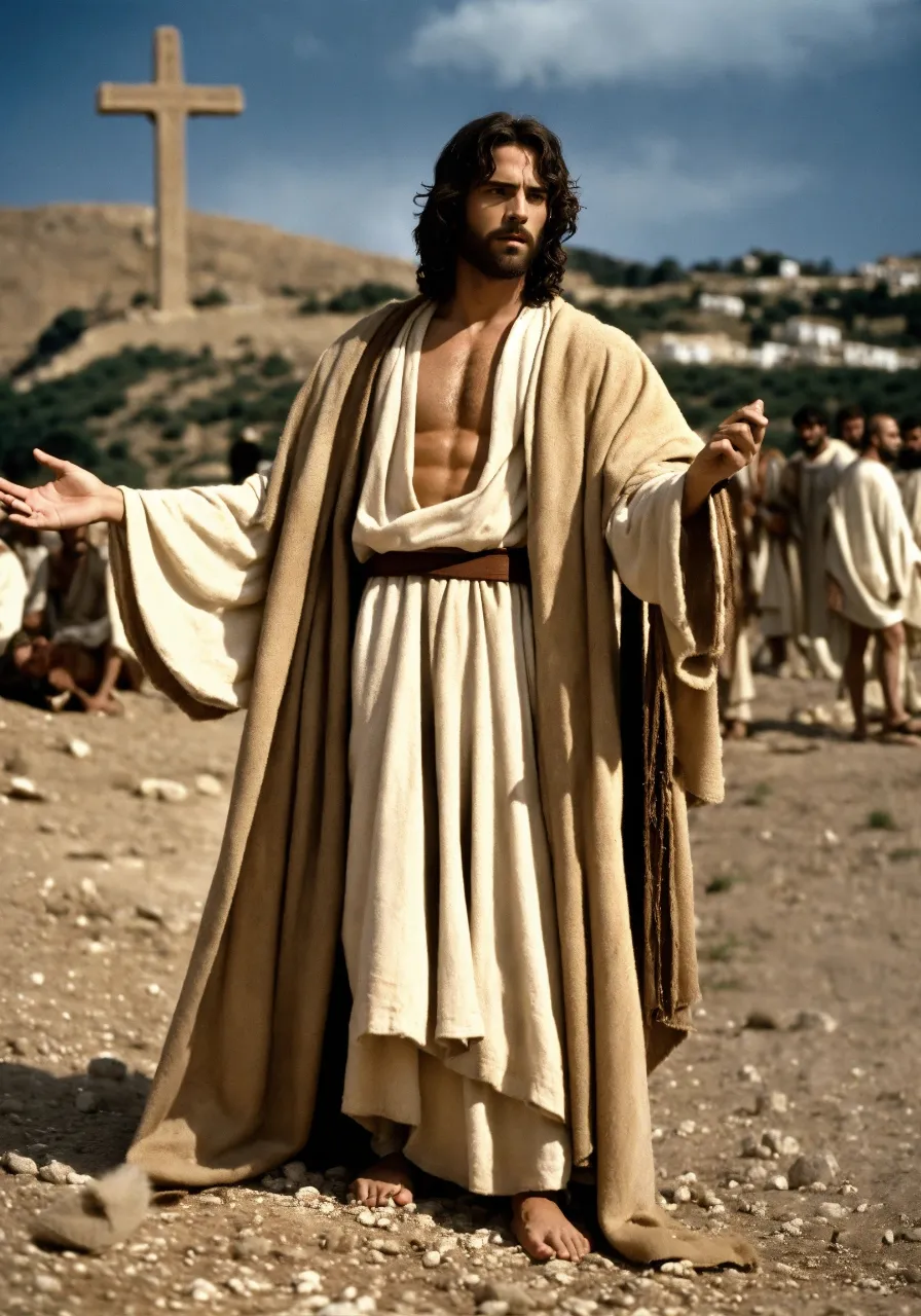 a man in a robe standing in front of a cross