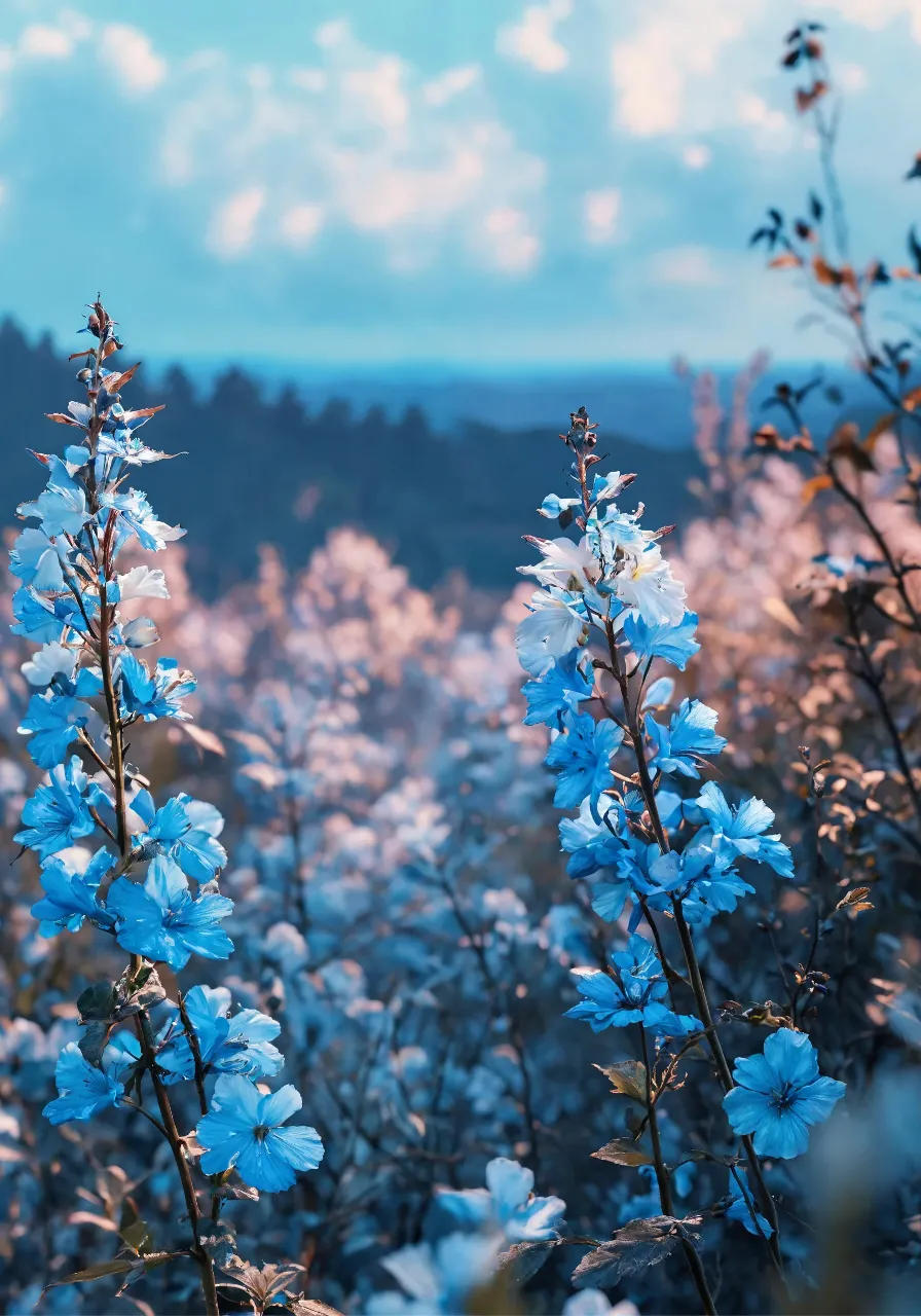 a field full of blue flowers under a cloudy sky