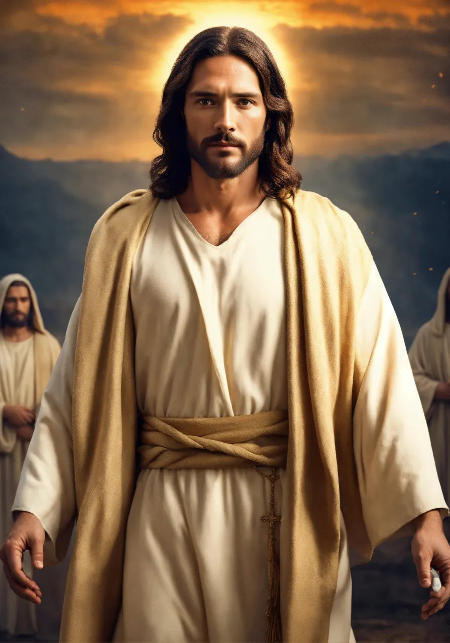 jesus walking with two other men in the background