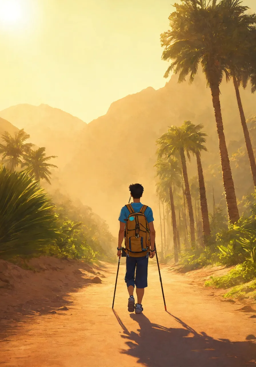 a man walking down a dirt road with a backpack on his back