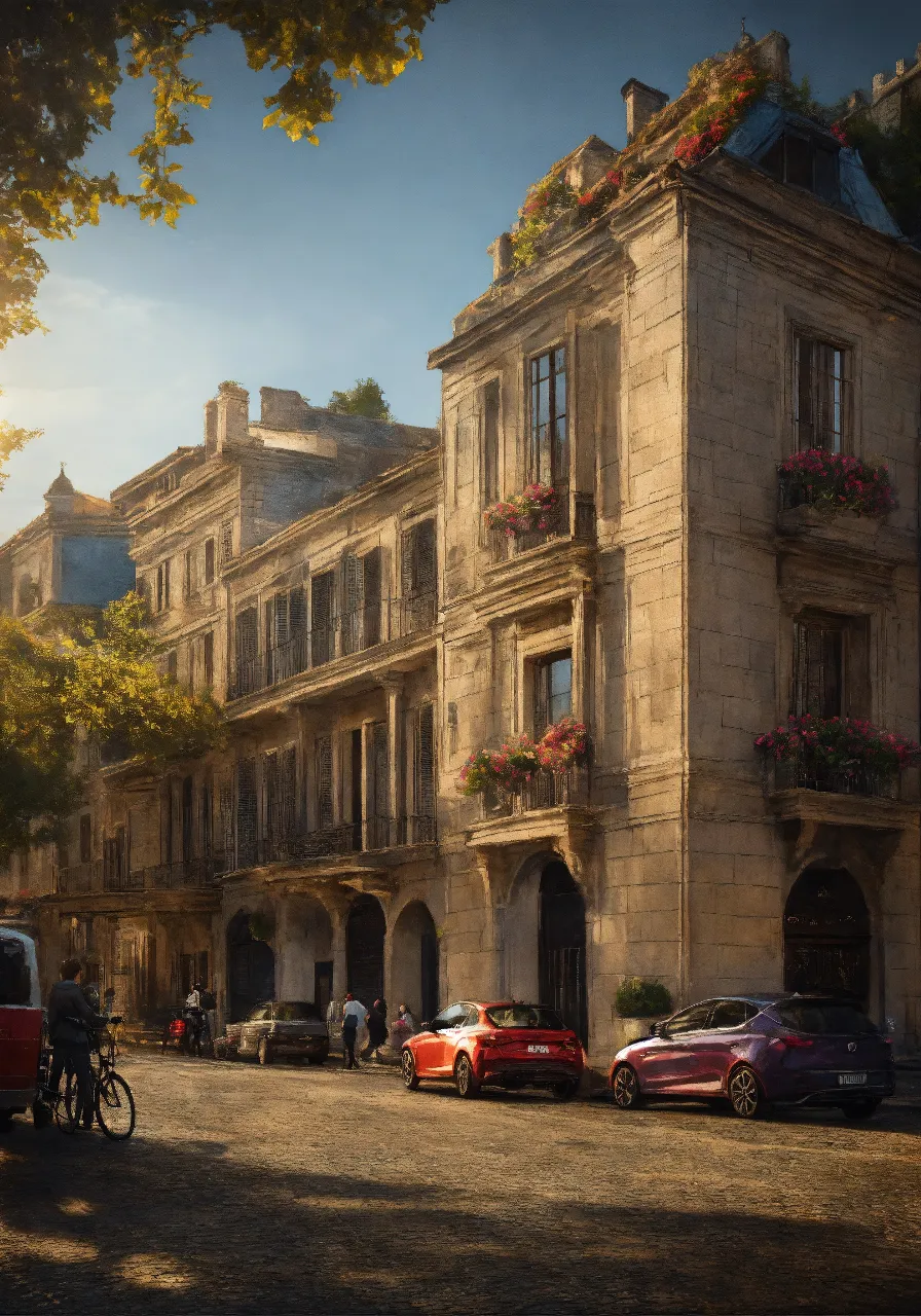 a painting of a city street with cars parked on the side of the street