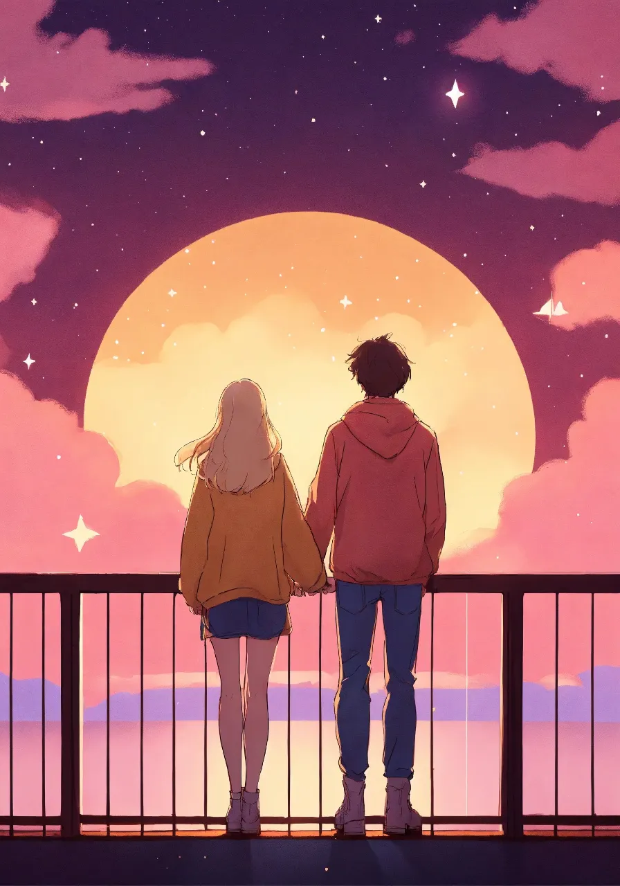 two people standing on a balcony looking at the moon