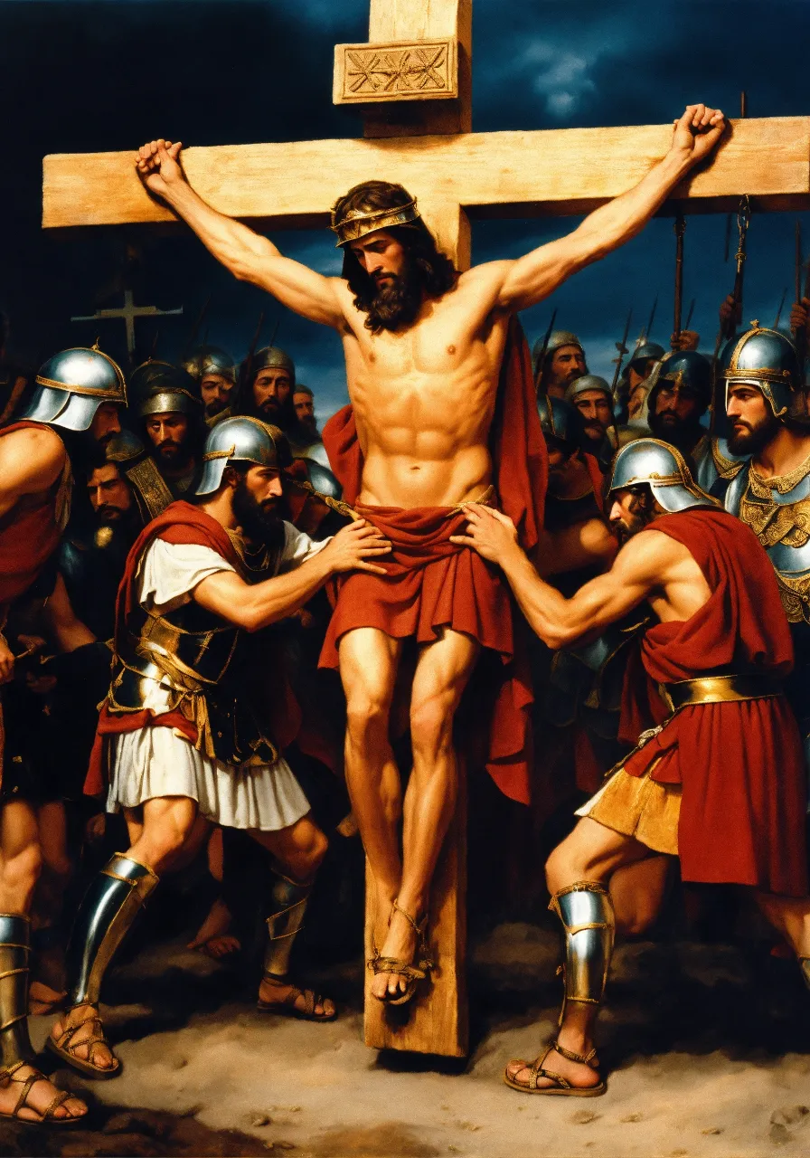 a painting of jesus on the cross surrounded by soldiers