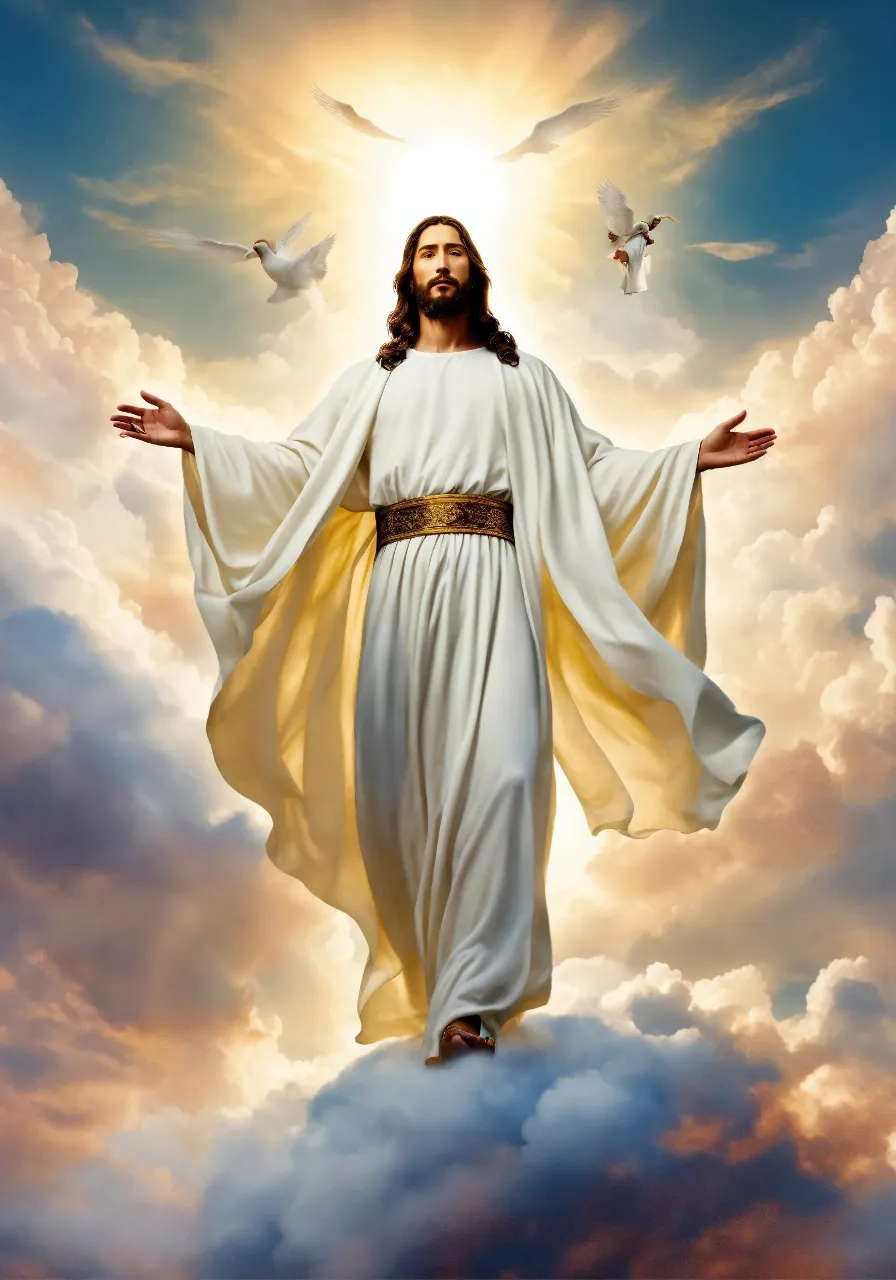 jesus in the clouds with his arms outstretched