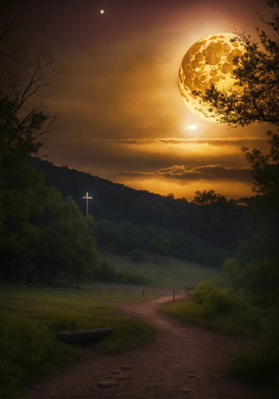 a cross on a hill with a full moon in the background