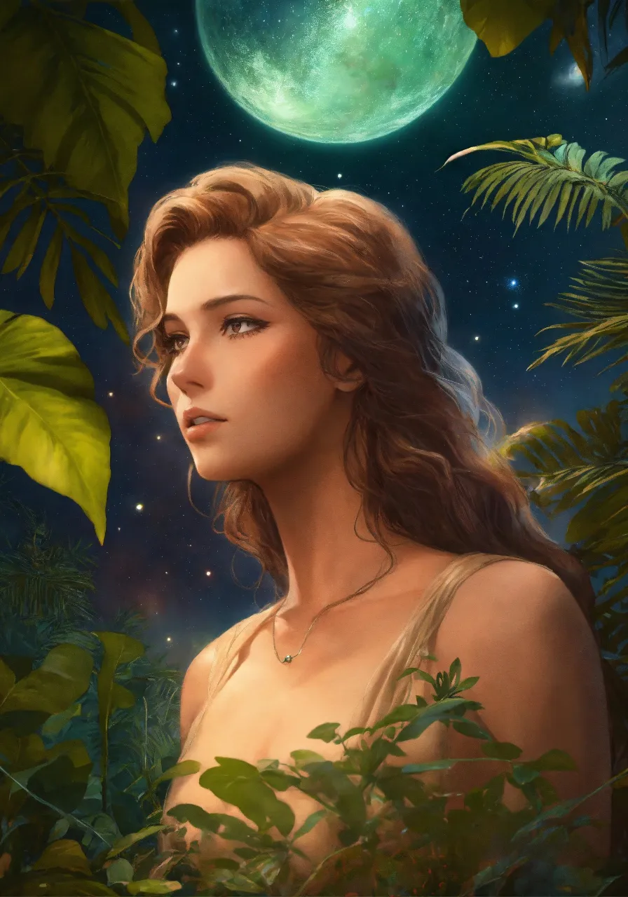 a painting of a woman in the jungle with a full moon in the background