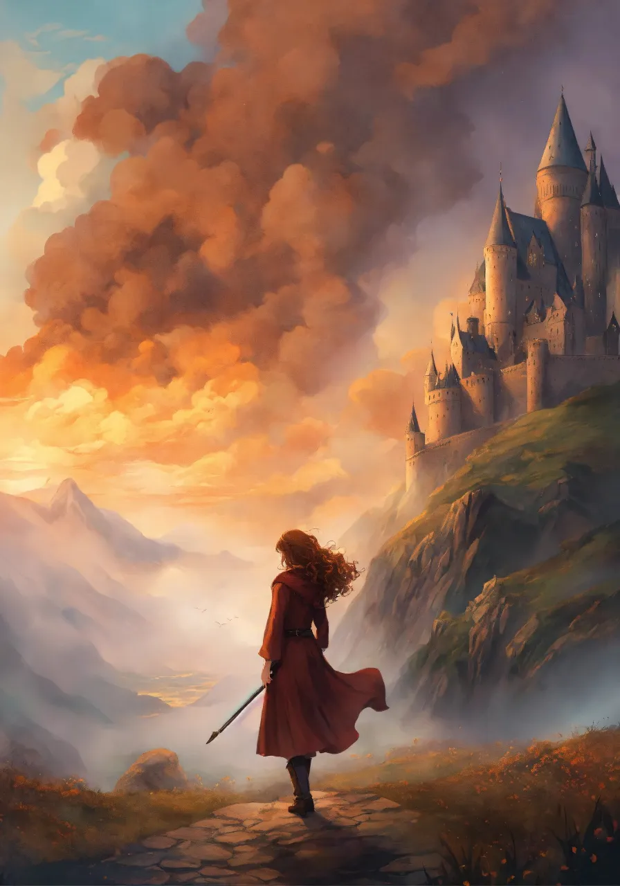 a painting of a girl with a sword looking at a castle