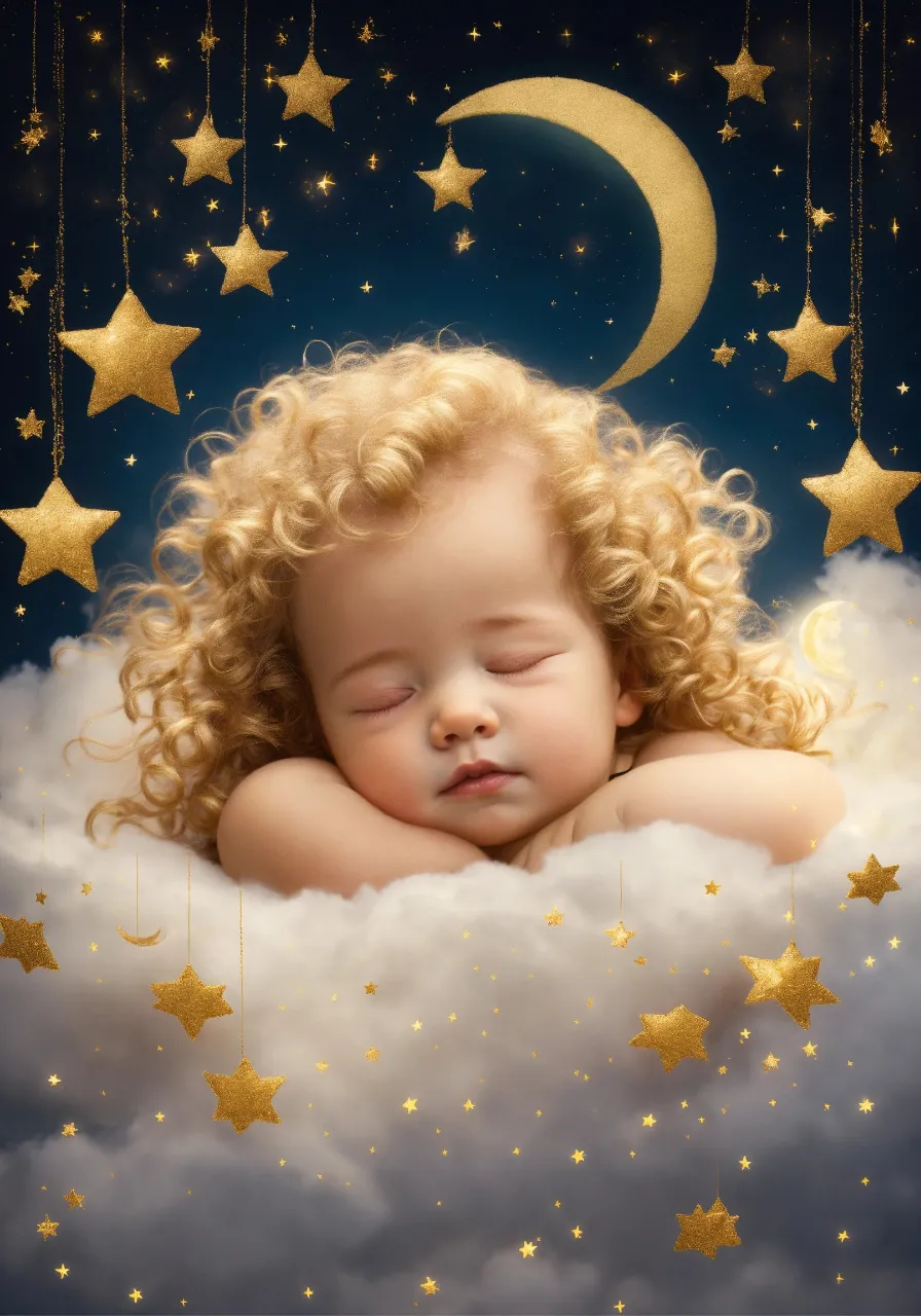 a baby sleeping on a cloud with stars