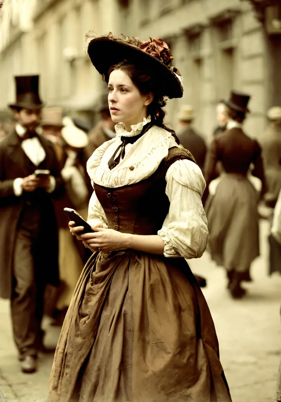 a woman in a dress and hat standing on a street