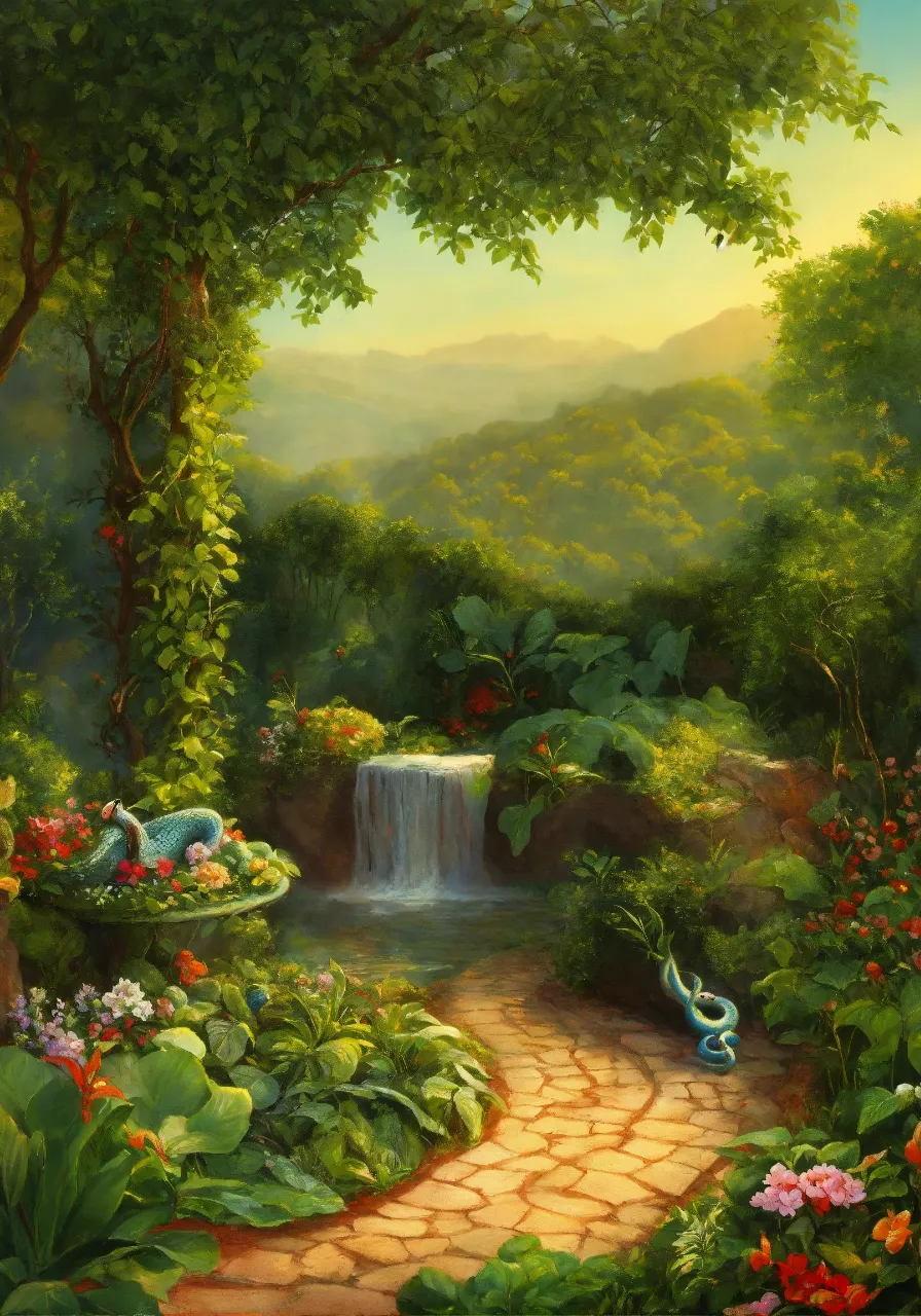 a painting of a garden with a waterfall