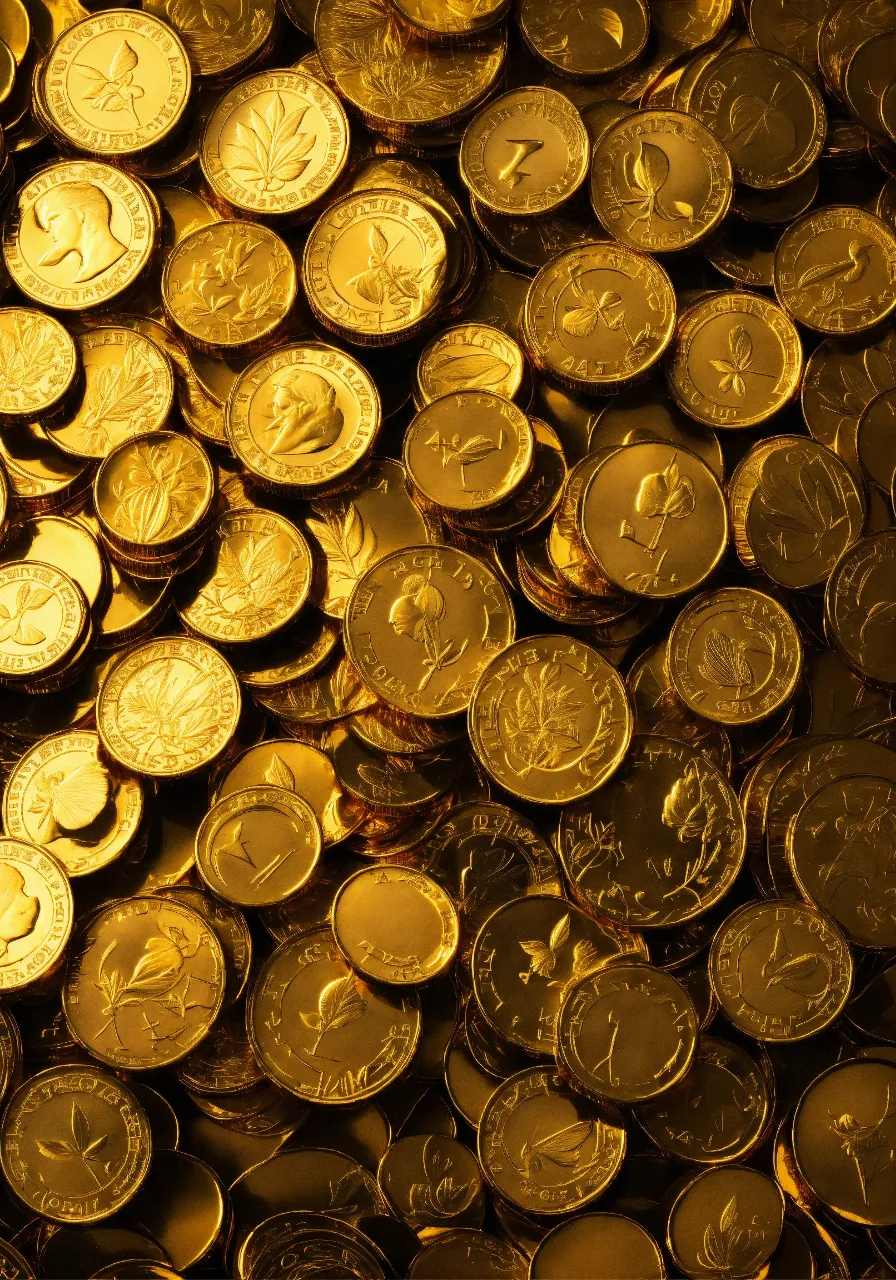 a pile of gold coins sitting next to each other