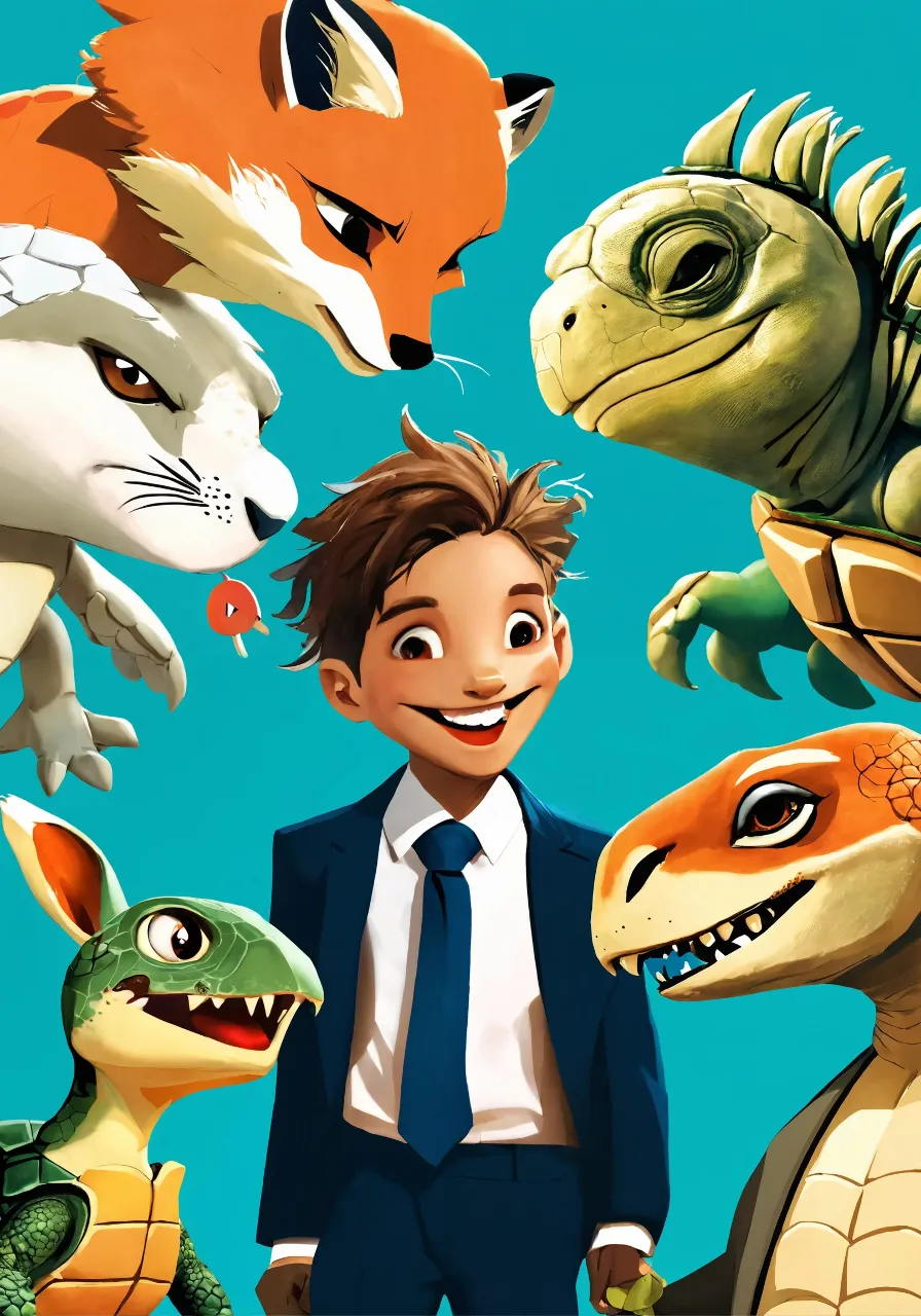 a man standing in front of a group of cartoon animals, happy and moving and talking to eachother