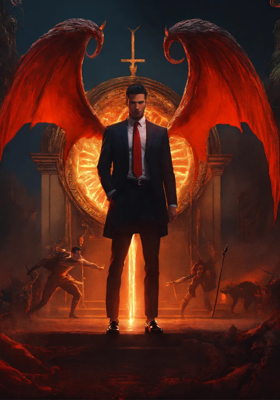 a man in a suit and tie standing in front of a red dragon