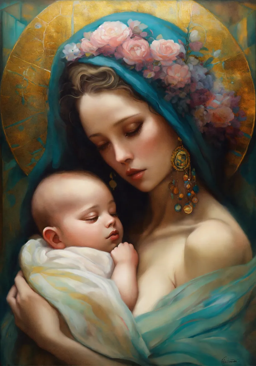 a painting of a woman holding a baby