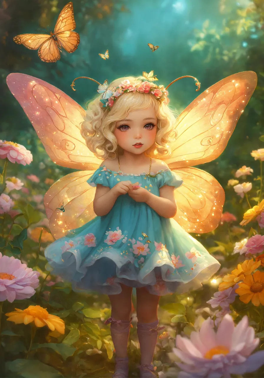 a little girl dressed as a fairy standing in a field of flowers